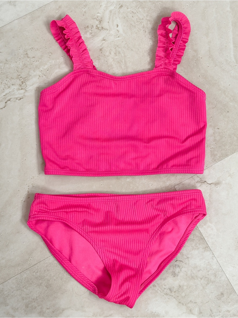 Girls Hot Pink Ribbed Two-Piece Swim Set M 7/8 Summer Vacation